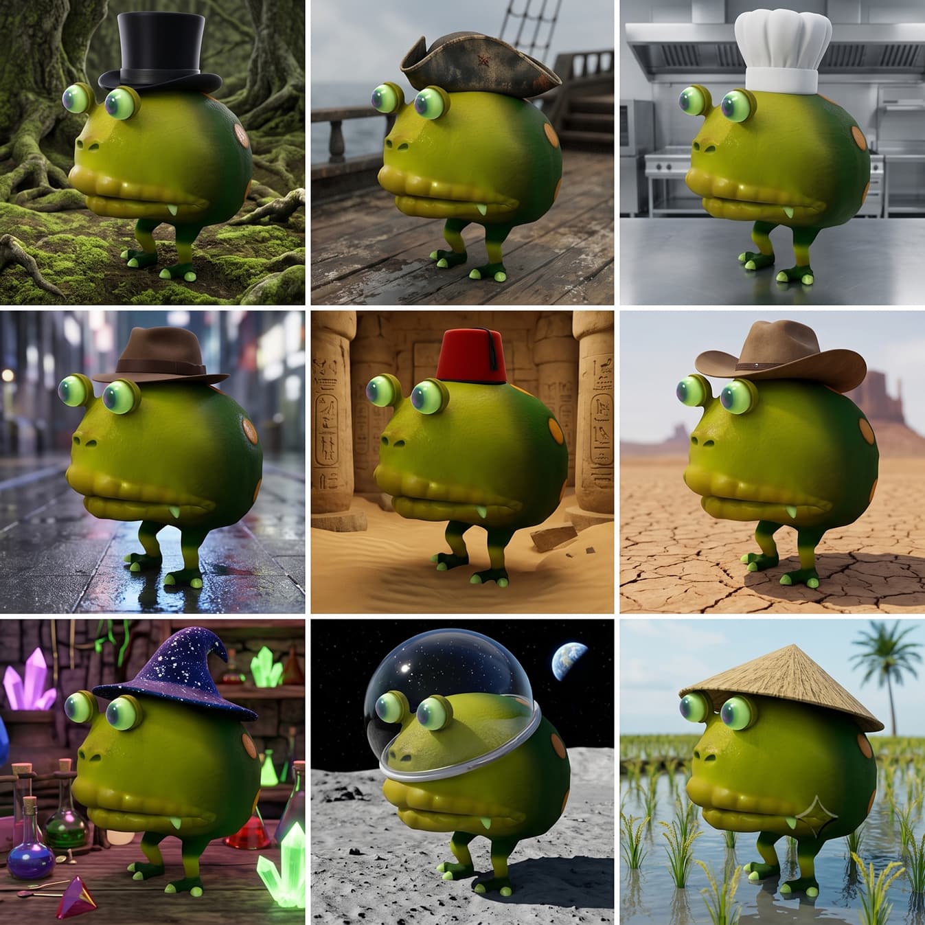Grid of Toader toading in nine different places