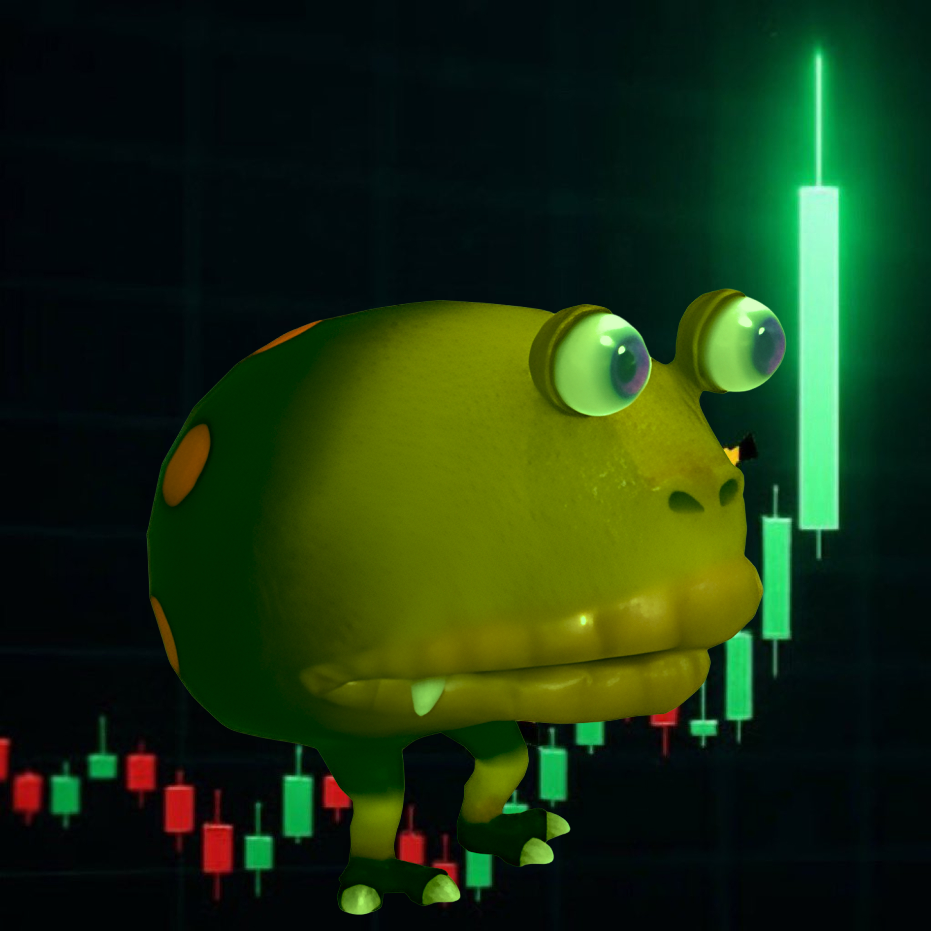 Toader in front of a green candlestick chart