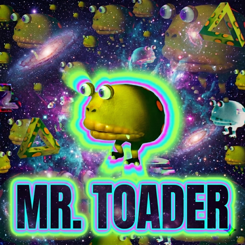 Mr Toader floating in space surrounded by many toads